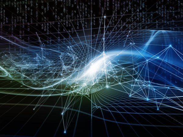 Information Tide series. Backdrop composed of fractal grid structures and suitable for use in the projects on digital business, science, communications and technology