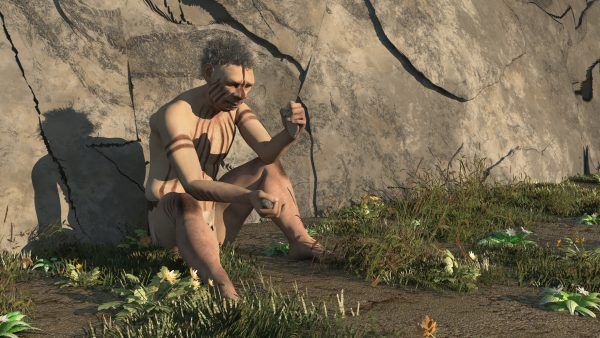 Digital illustration of a man of neandertal making a stone tool