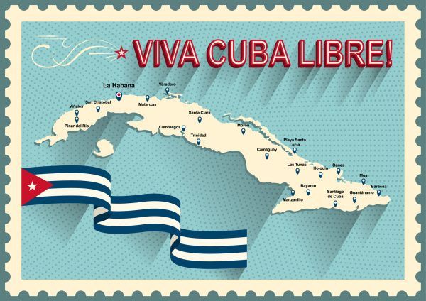 Vintage style Cuba map. Viva Cuba libre! Long live the free Cuba! Spain language.