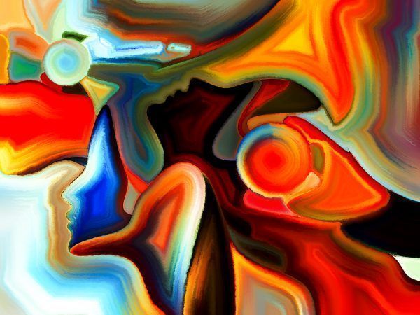 Colors of Fate series. Creative arrangement of human profiles and colorful shapes as a concept metaphor on subject of inner world, sacred reality, emotion, human destiny