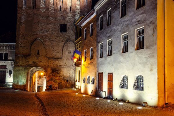 Night view of historic town Sighisoara, Romania. City in which was born Vlad Tepes, Dracula