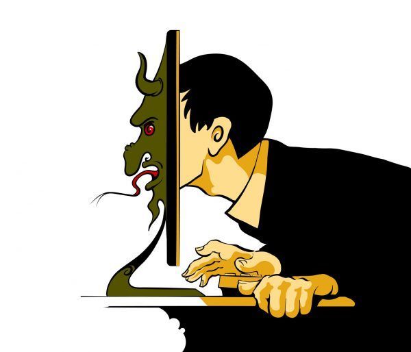 Internet Troll sitting at the computer. Vector illustration without gradients. White background