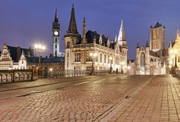 Historical centre of Ghent at night, East Flanders, Belgium.