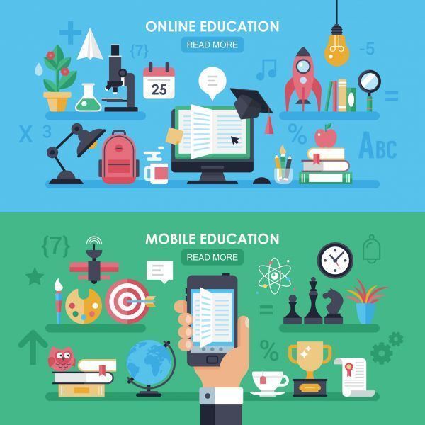 Online education and mobile e-learnig concept with flat icons and symbols for website banner design