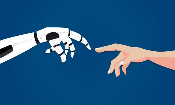 Robot gives hand to human. Artificial intelligence concept in flat design. Two hands in offer position. Vector illustration