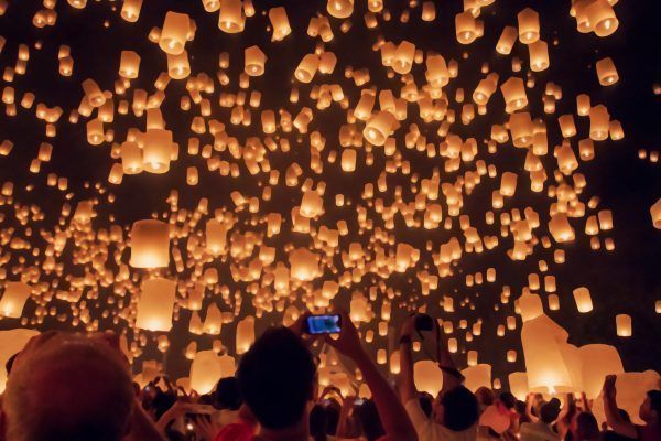 Blurred floating lantern or Yeepeng festival at Chaingmai province, Thailand.