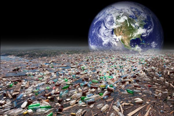 image showing earth sinking in heavy water pollution with tons of plastic containers