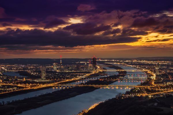 View of Vienna looking southeast from Leopoldsberg at sunrise